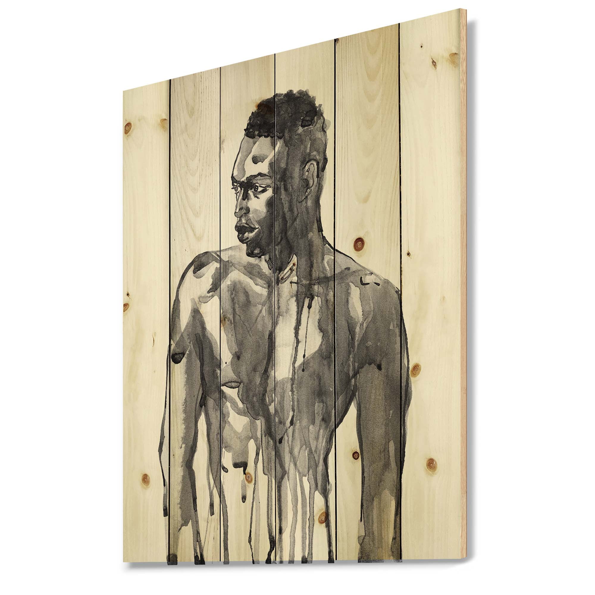 Designart 'Portrait of Handsome African Man On White I' Modern Print on Natural Pine Wood