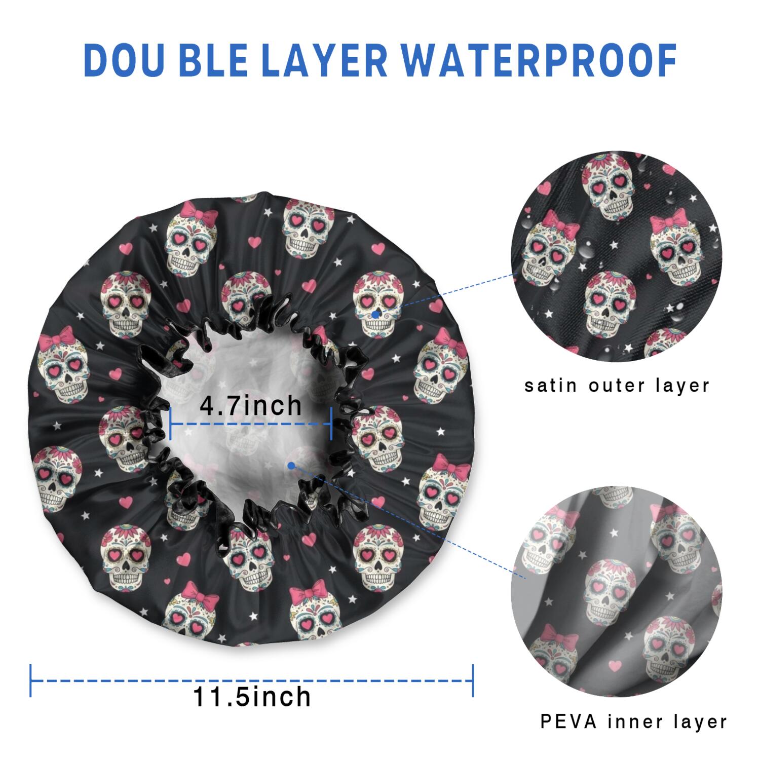 Shower Caps,Black Pink Skull Pattern Waterproof Shower Cap for Women 4 Pieces,Double Reusable Hair Cover for Shower PEVA Elastic Stretch Hem