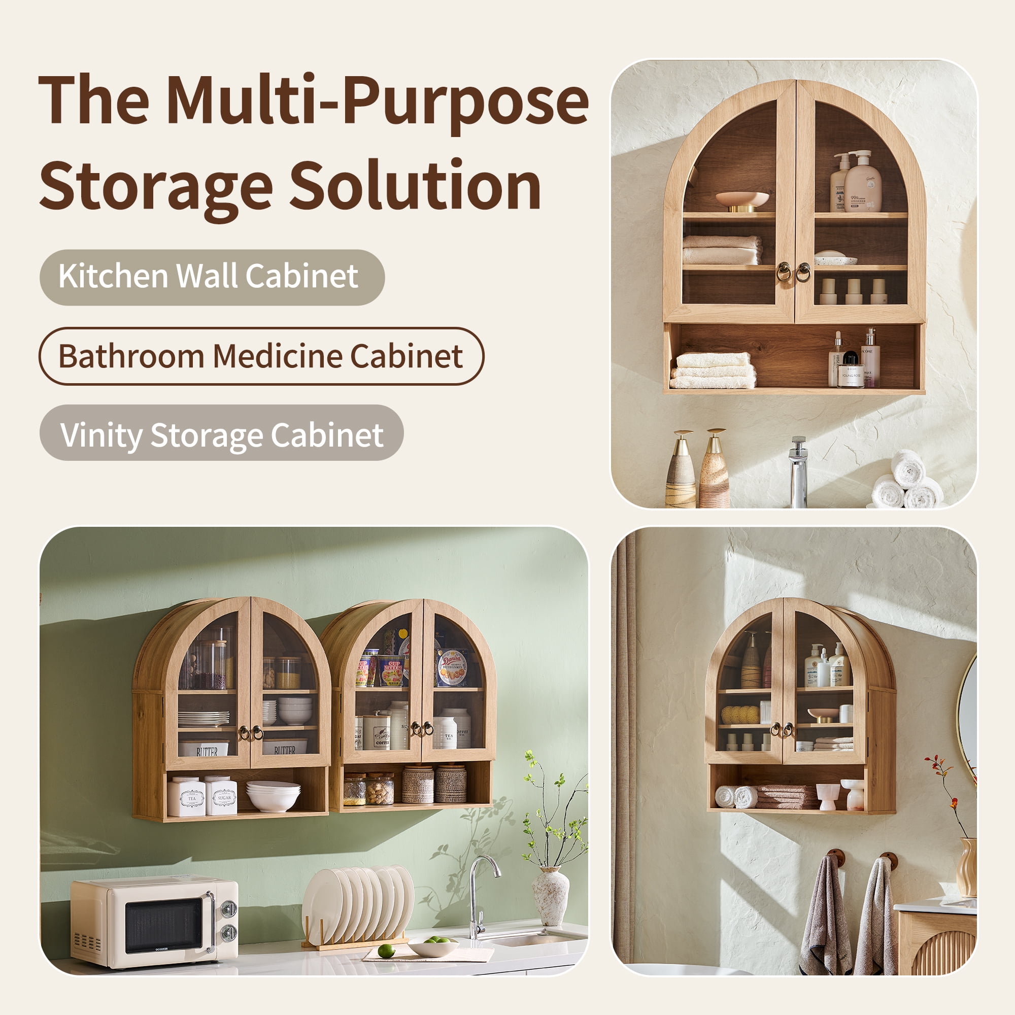 SinCiDo Arched Wall Cabinet with Adjustable Shelves & Glass Doors, Natural