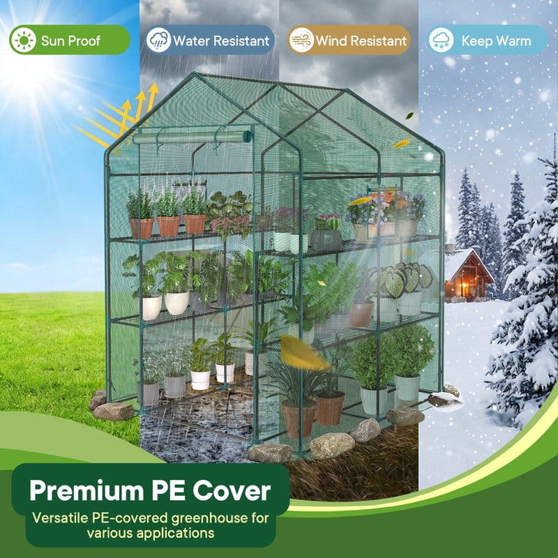 Gianna Mini Walk-in Greenhouse Plant Tent with 5/8" Powder-Coated Steel Frame & 22Lbs Capacity Shelves, Weather-Resistant for Outdoor Gardening, 56.3" x 56.3" x 76.77"，Green