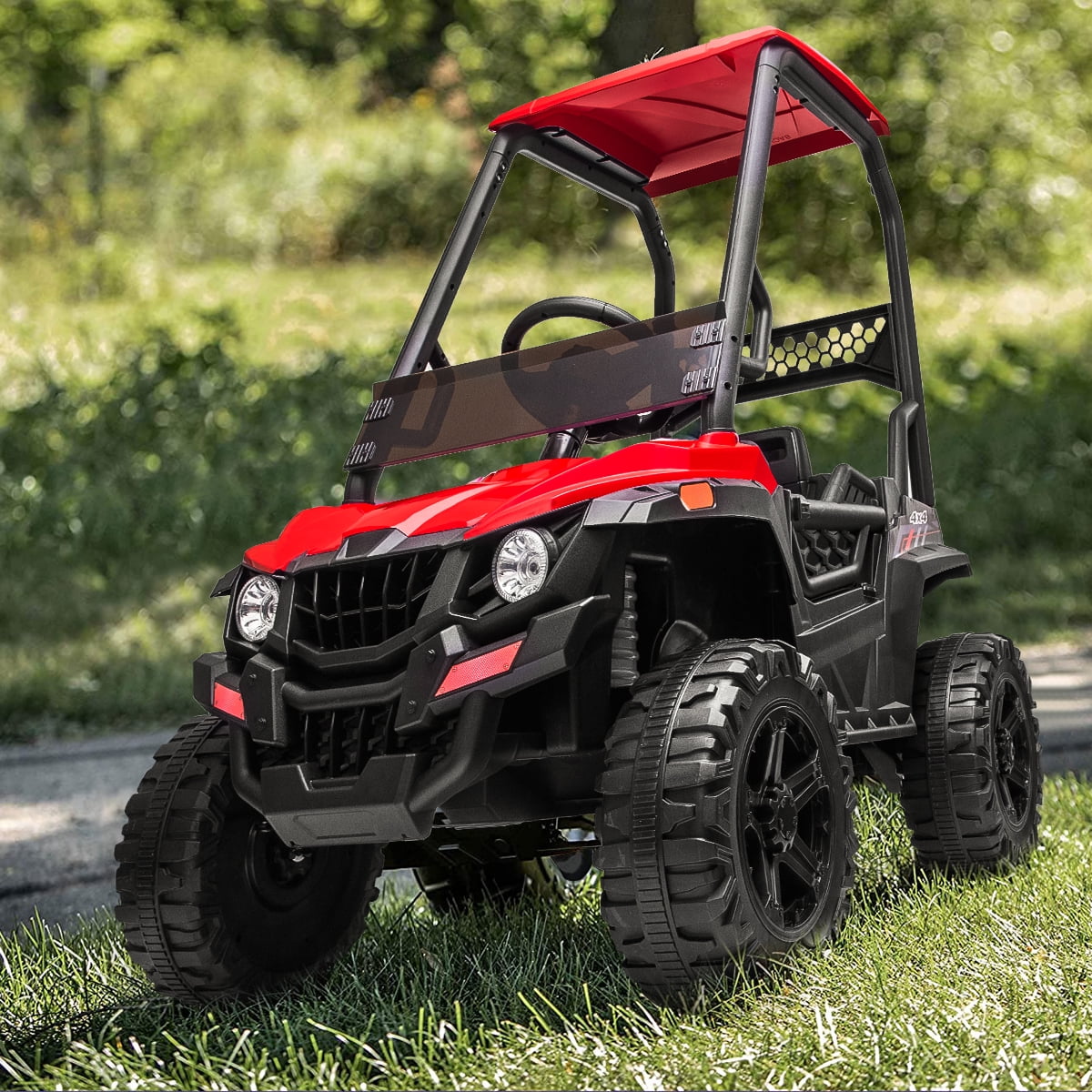 Kepooman 12V Kids Battery Powered Ride-On UTV for Indoor Outdoor Play, Child' s Electric Off-Road UTV Truck Car Toys with Ceiling & Remote Control, Red