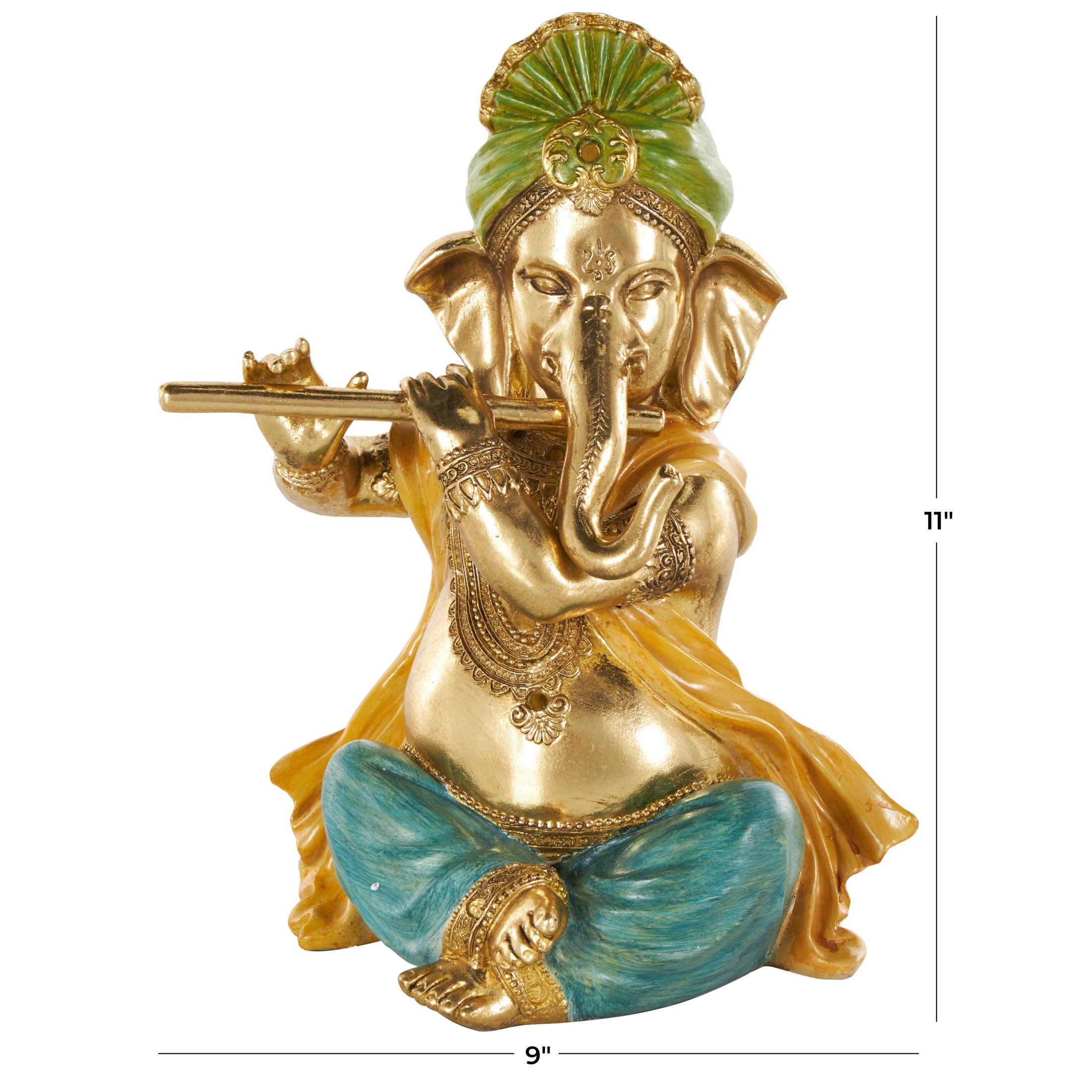 9" x 11" Gold Resin Musician Ganesh Sculpture with Green, Yellow, and Teal Accents, by DecMode