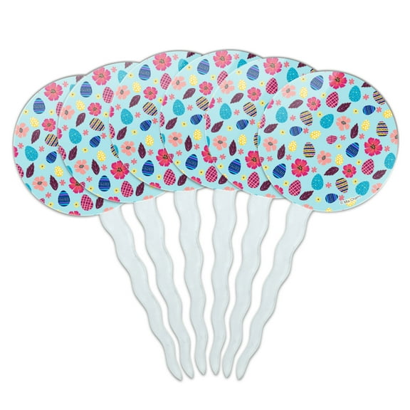 Colorful Easter Eggs and Flowers Cupcake Picks Toppers Decoration Set of 6
