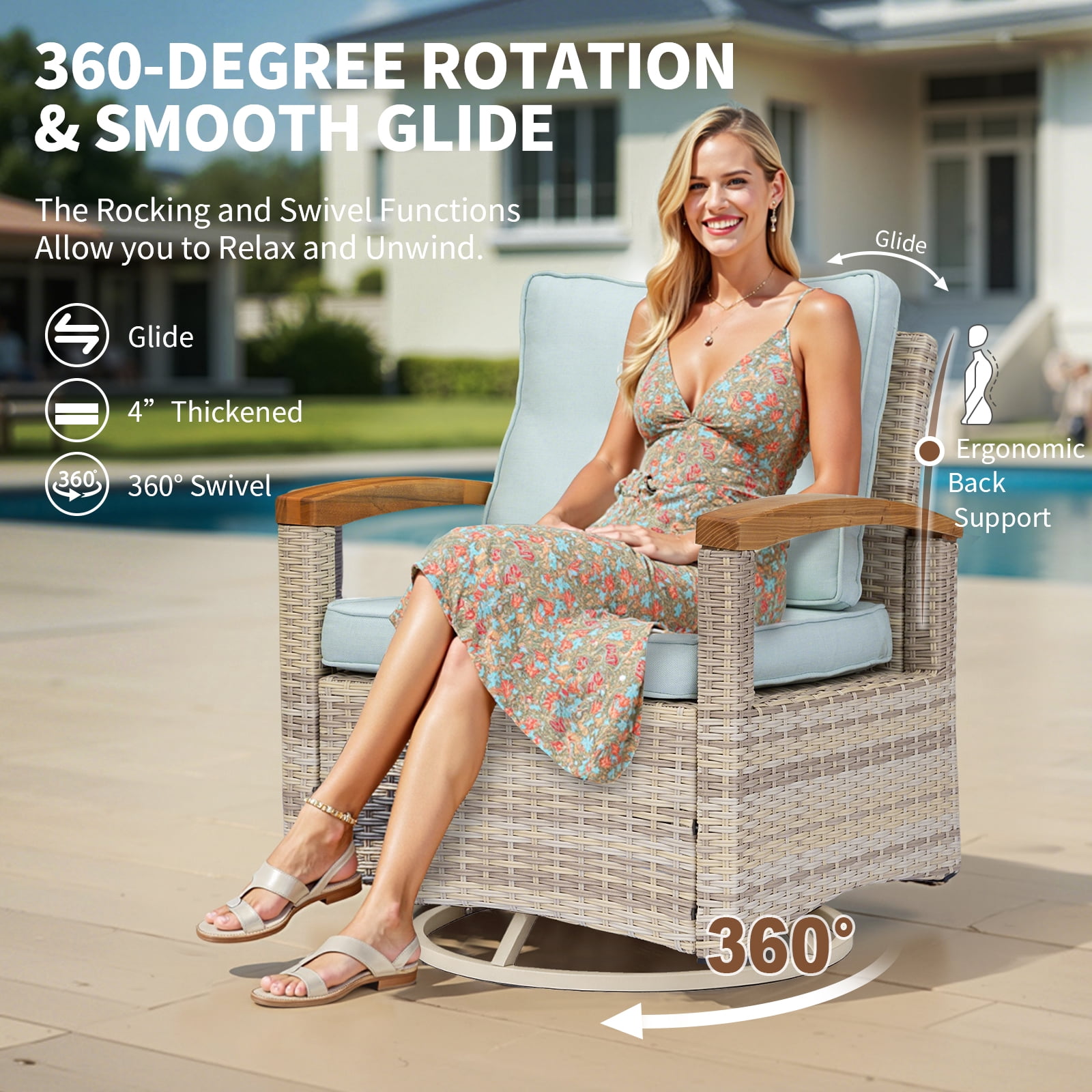 MEISSALIVVE 6 Pieces Patio Furniture Sets,Wicker Patio Conversation Sets with 2 Wood Armrests Swivel Glide Chairs, 2 Ottomans for Deck Yard and Poolside (Blue)