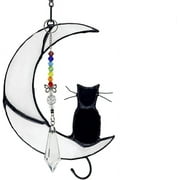 Stained Glass Window Hanging, Black Cat Decor Suncatcher for Window Hanging Ornament with Sun Crystal Catcher Cat on Moon Stained Glass Window Hanging Cat Suncatchers Indoor Window