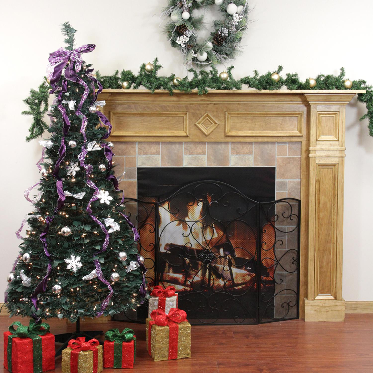 6' Pre-Lit Pop Up Decorated Silver/Purple Artificial Christmas Tree ... Christmas Trees Decorated Purple