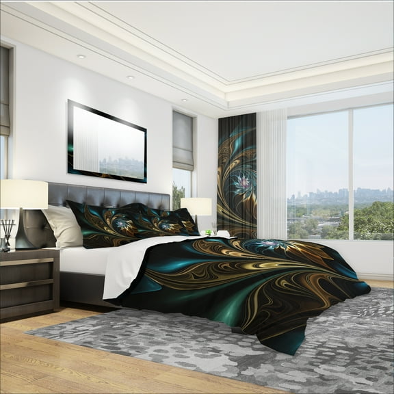Designart 'Brown Blue Fractal Flower in Black' Modern & Contemporary Duvet Cover Set
