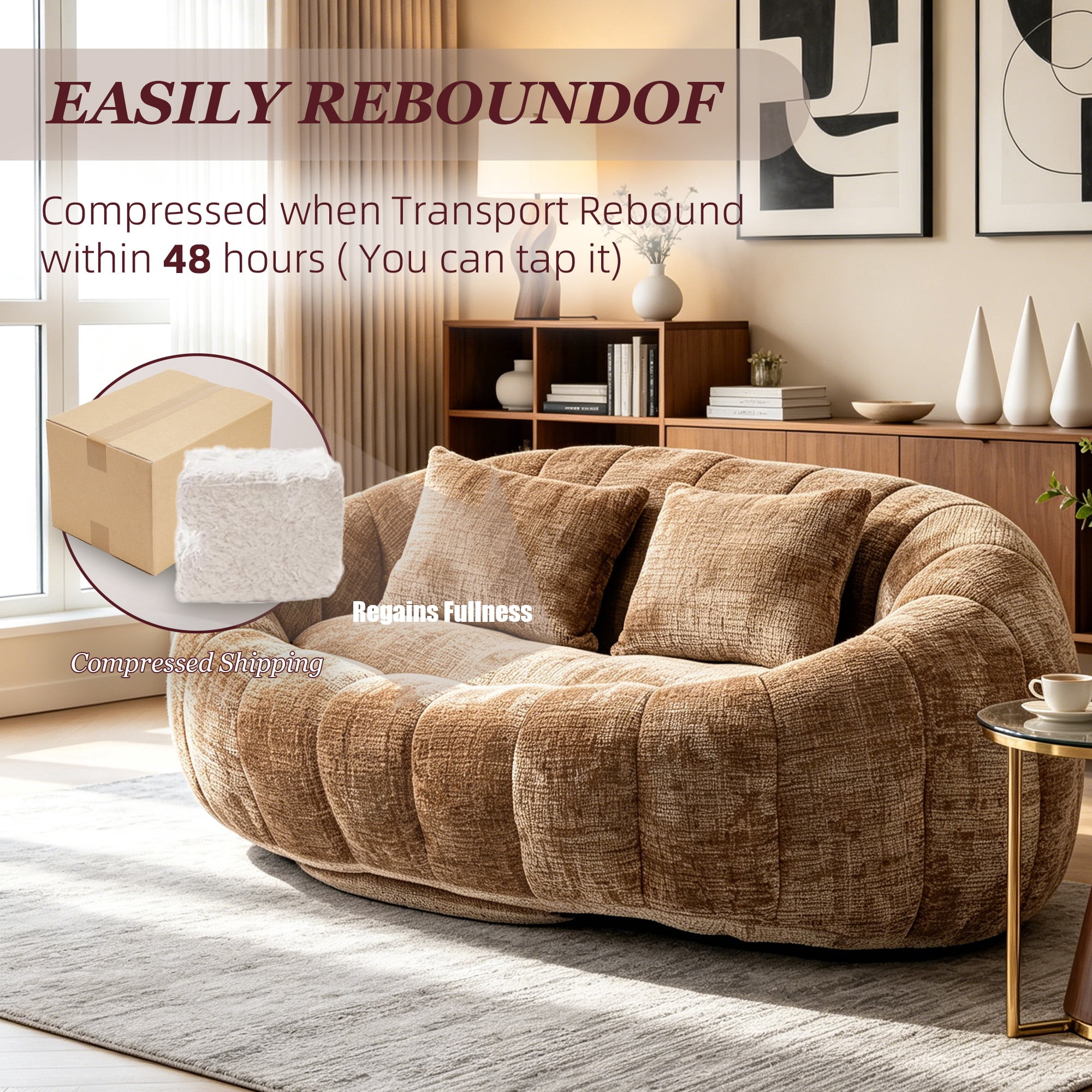 MOONMISS Large 59'' Bean Bag Chair for Adults,Chenille Shell-Shaped Couch with Two Pillows,Oversized Single Sofa,Coffee