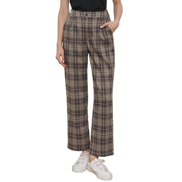 INSPIRE CHIC Pantalones Largos Rectos de Mujer con Cintura Elástica, Botón y Cremallera, Estampado de Cuadros, Talla XS, Color Marrón Café