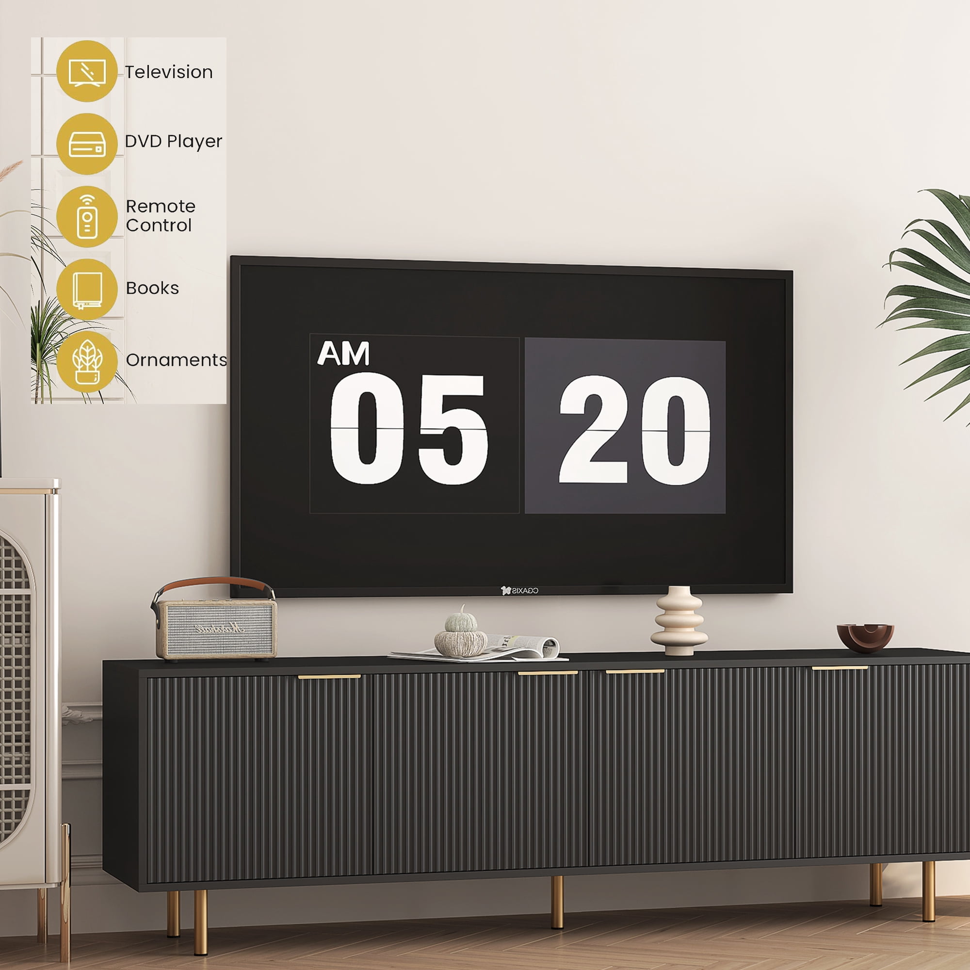 HIUU Black Modern Fluted TV Stands for Living Room, Entertainment Center with 4 Doors Cabinet Storage,Console Table Metal Adjustable Legs for 65''TV