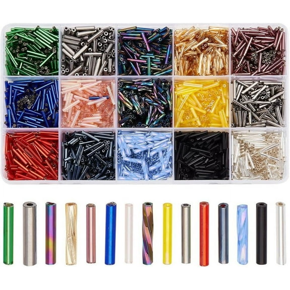 1800 Pcs 15 Colors Glass Bugle Beads Mixed Color Screwy Bugle Beads Long Tube Seed Bead Loose Spacer Bead Transparent Beads Clear Beads for DIY Crafting Jewelry Making for DIY