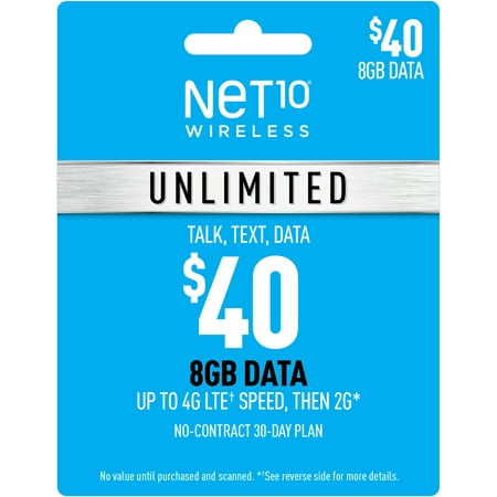 Net10 $40 Unlimited 30 Day Plan (4GB of data at high speed, then 2G*) (Email Delivery)