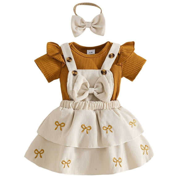Baby Girl Clothes 0-3 Months Baby Girl Summer Clothes Cute Outfits Short Sleeve Romper Overall Skirt Dress Headband 3PCS Newborn Outfit,Coffee