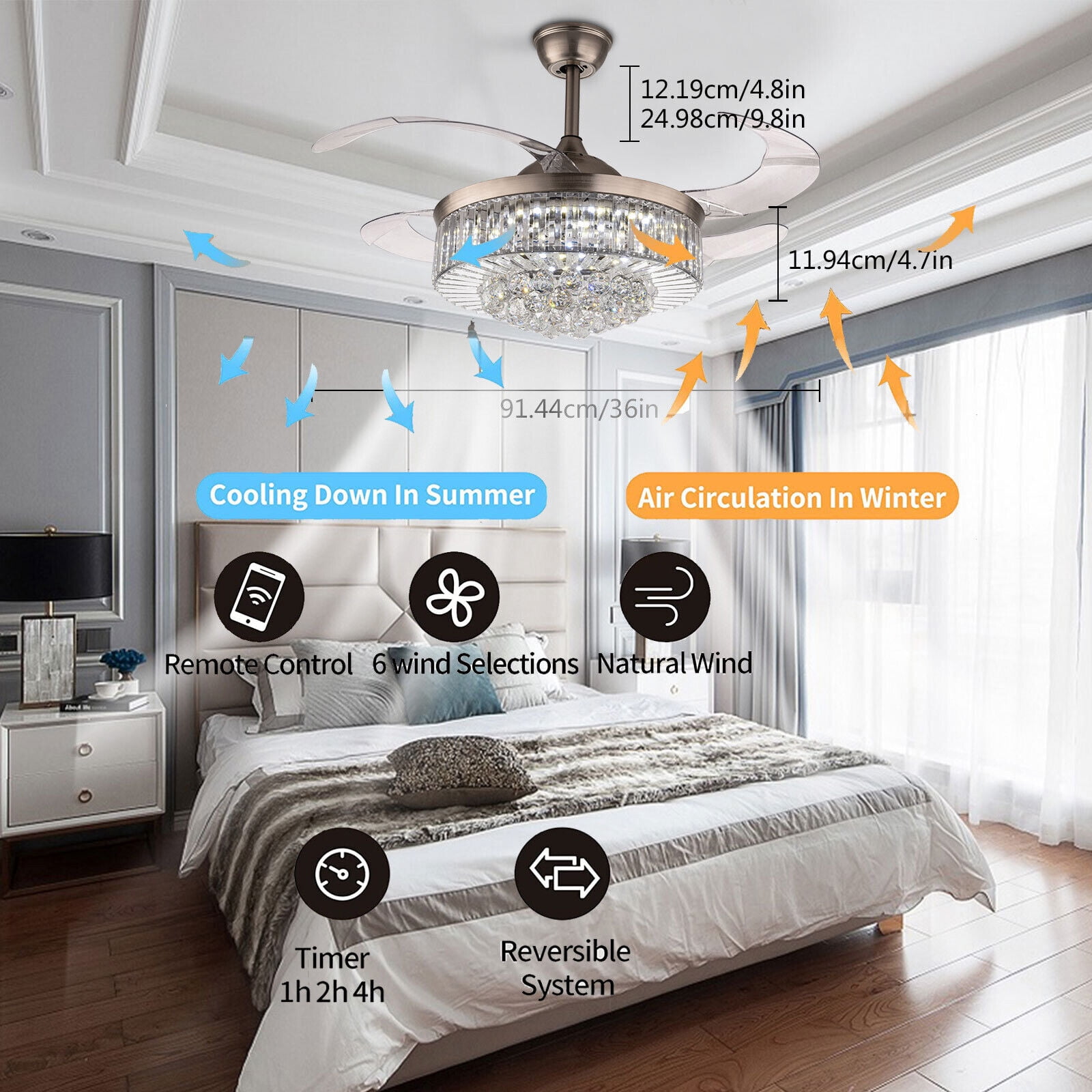 36"Modern Indoor Ceiling Fan With LED Light Crystal Ceiling light with Fan Chandelier Lamp pendent celling lighting lamp light fixture Fandelier Remote Control 3 Fan Speeds