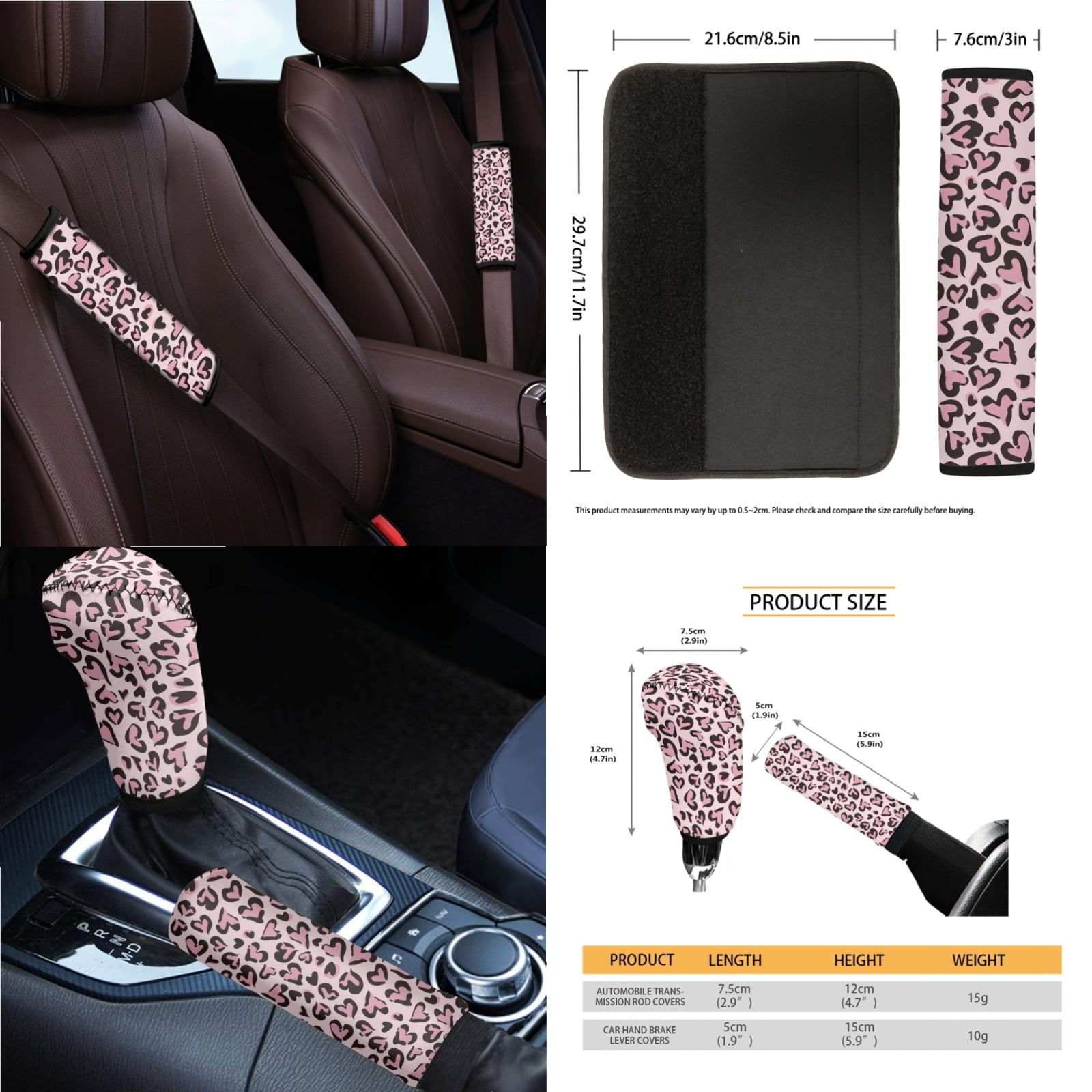 Yuyamidu Pink Heart Car Seat Cover Full Set with Steering Wheel Cover Seat Belt Pads Armrest Cover Handbrake Cover Set Trash Bag Auto Rear View Mirror Cover Cup Holders Fit for Most Vehicles