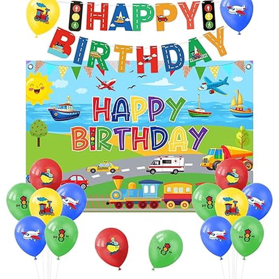 Transportation Birthday Decorations - Transportation Birthday Backdrop, Banner, Printing Balloons for Boys Transport Vehicle Cars Themed 2nd 3rd 4th Party Decorations