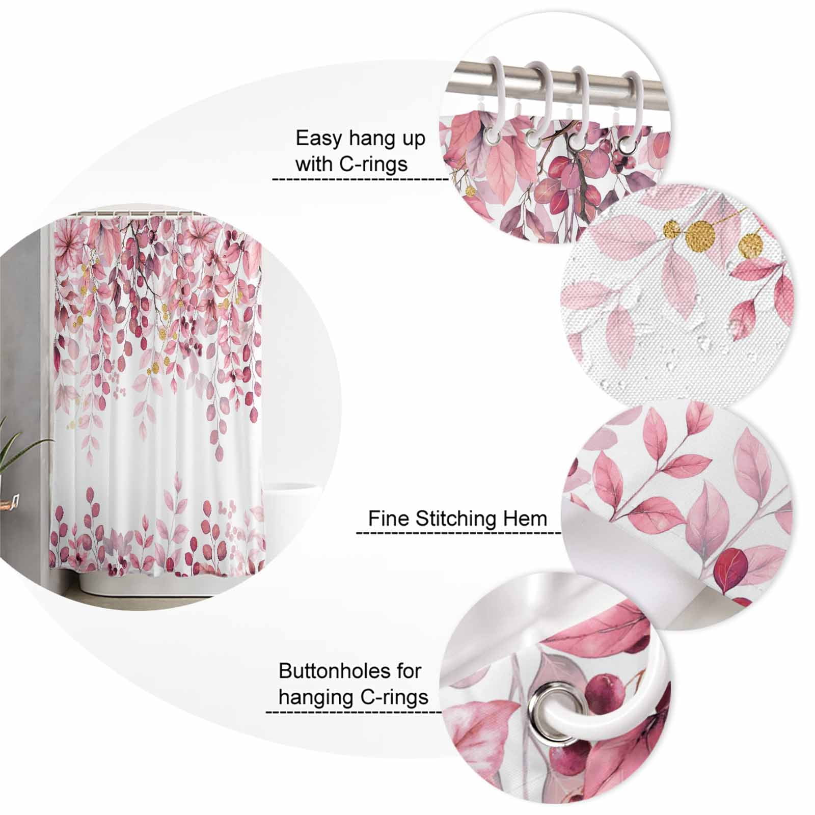 Pink Eucalyptus Bathroom Curtain 72 Inch Shower Curtain with Hooks, Gold Branches Vintage Flower Plant Waterproof Polyester Bath Curtain Washable Bathtub Curtain 66''x 72''
