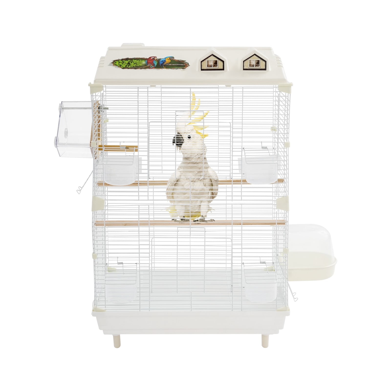 2-Tier Freestanding Bird Cage, British Style Large Bird Habitat with Perches & Feeding Cups, Open Frame Design for 3-4 Small Medium Birds, White(D)