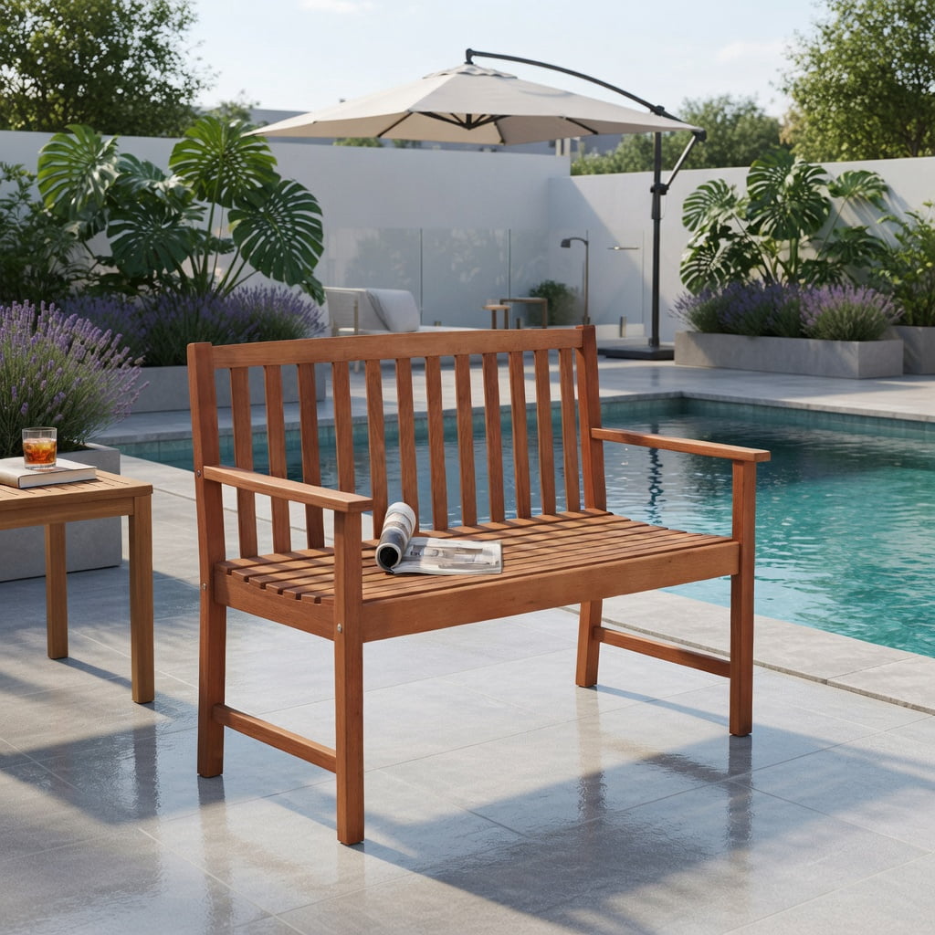 Hommoo 2-Person Outdoor Eucalyptus Wood Patio Bench with Ergonomic Backrest & Armrests, for Garden, Backyard, Poolside Seating, Natural