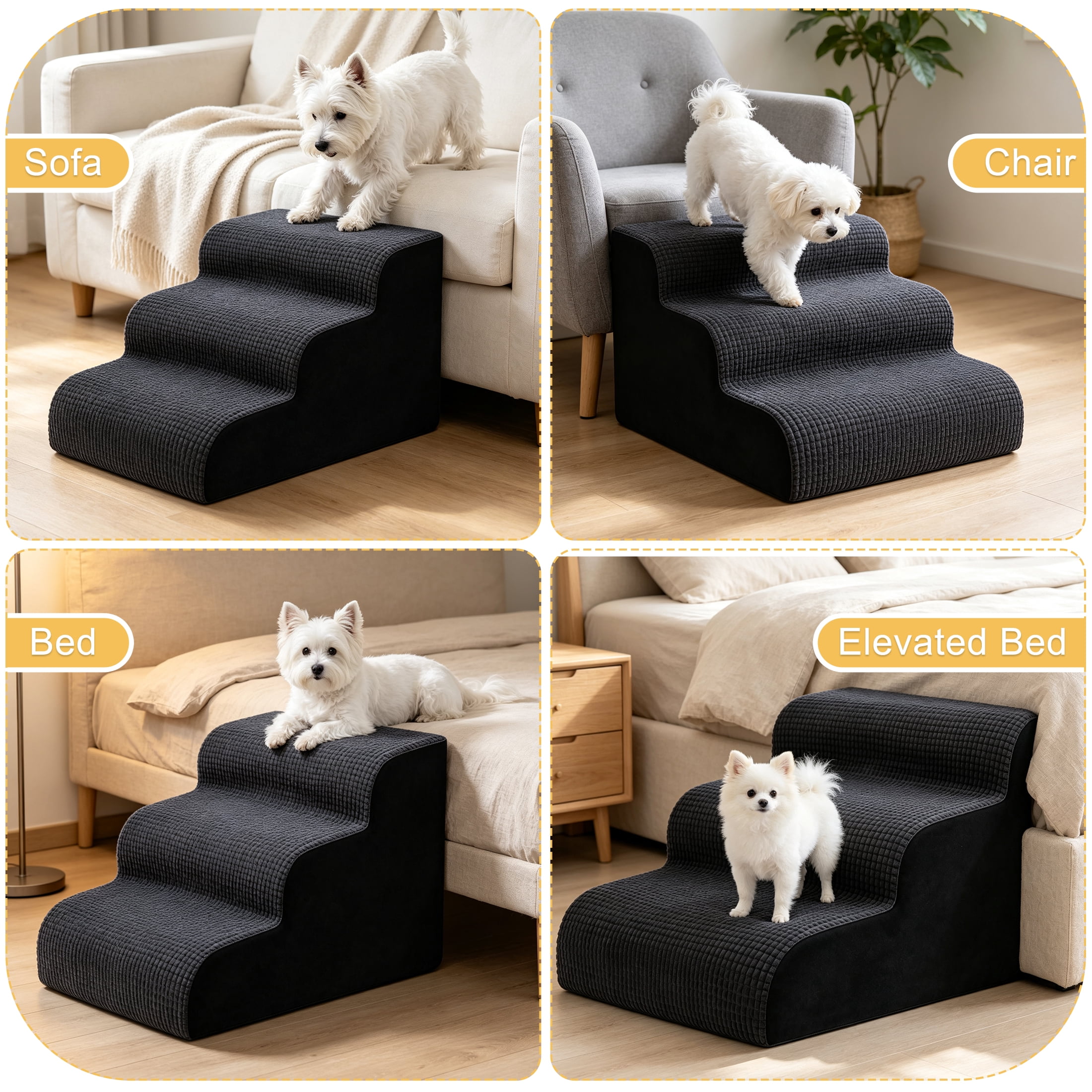 Pet Stairs, 3 Step High Density Foam Dog Steps for Small Dogs & Cats, Non Slip Pet Ramp with Removable Cover, Dog Stairs for Couch, Bed, Sofa