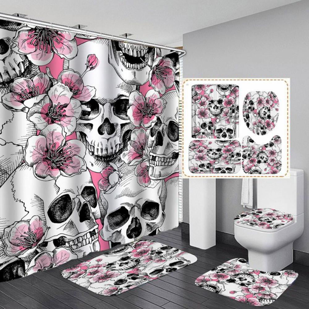 Skull flower Shower Curtain Bathroom Rug Set Bath Mat Non-Slip Toilet Lid 