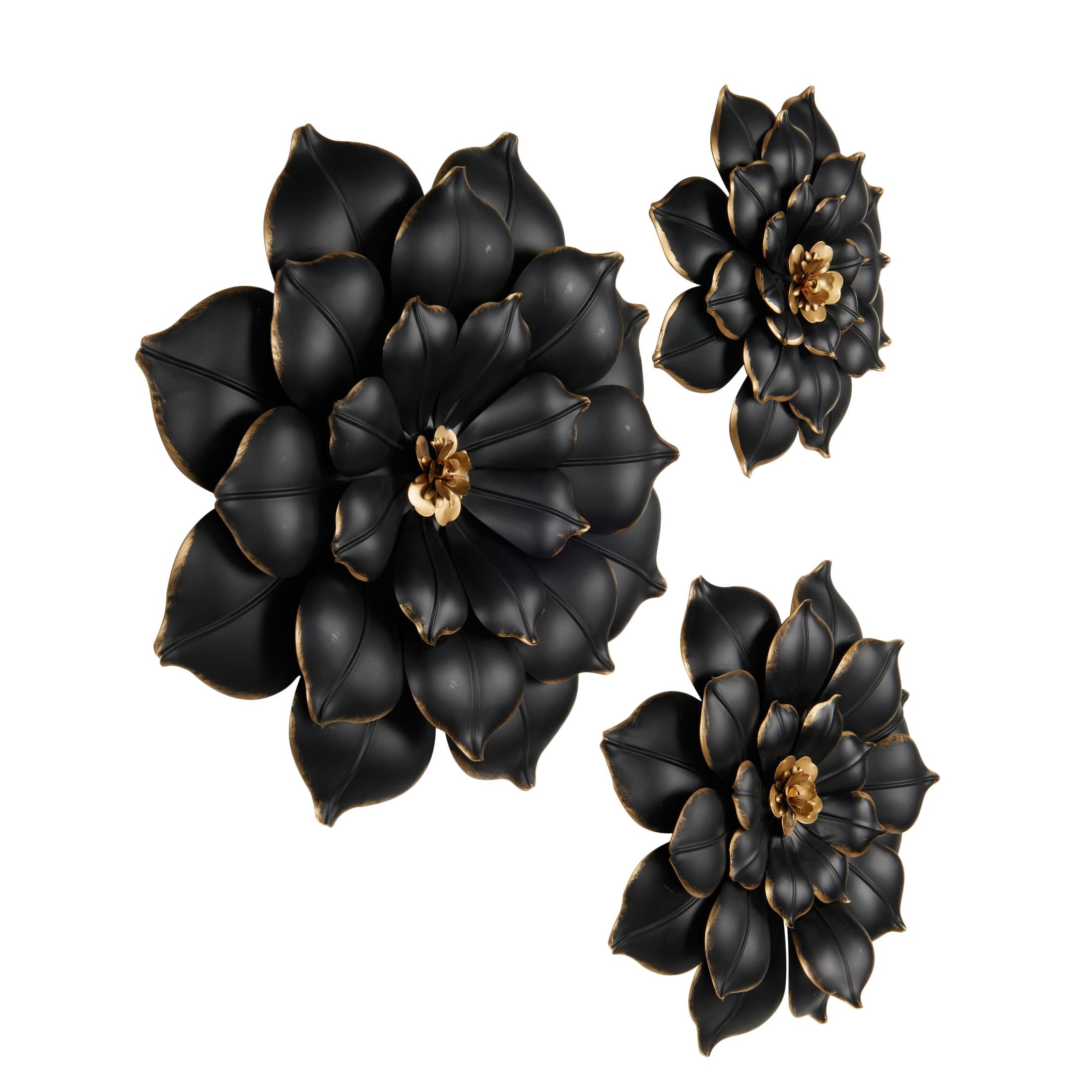 DecMode Black Metal 3D Floral Wall Decor with Gold Center (3 Count)
