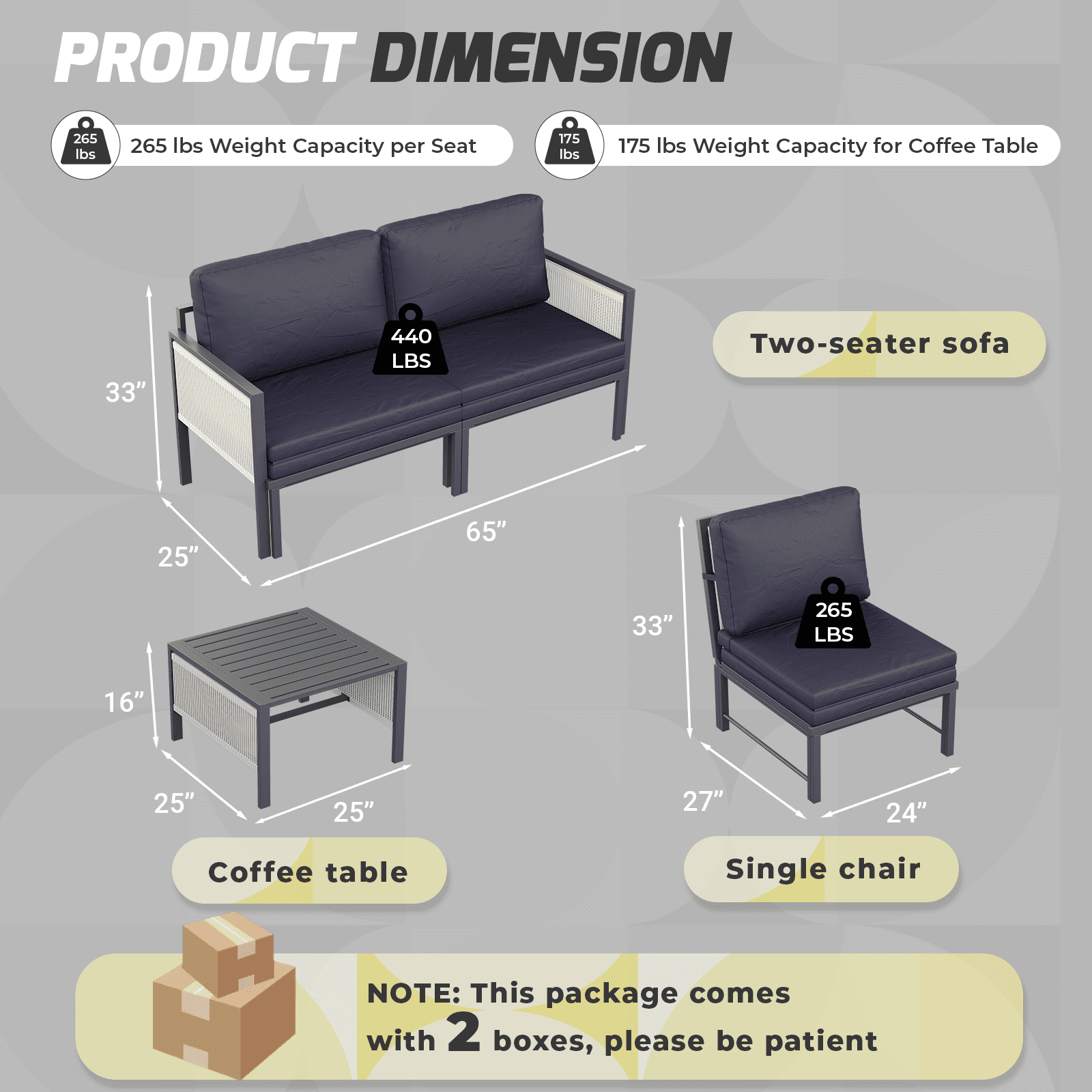 YODOLLA 4-Piece Patio Furniture Sets with Retractable Chairs & Coffee Table , 4 PcsModular Patio Furniture with Coffee Table & Cushions, Aluminum Frame,Navy
