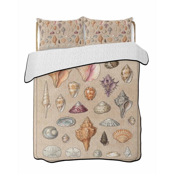 Twin XL Quilt Bedding Set, Retro Ocean Reversible Summer Quilt 3 Pieces, Brown Coastal Shells Conch Underwater Lightweight Bedspreads Coverlets with 2 Pillow Shams for All Seasons