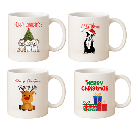 Christmas Coffee Mug Gift Set – 11 oz Ceramic Holiday Mugs Printed on Both Sides – Individually Boxed – Dishwasher & Microwave Safe – Great for Cocoa, Tea, or Gifting