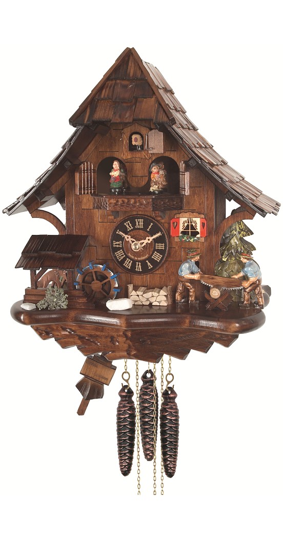 Quartz Cuckoo Clock Black Forest house with moving sawyer couple and