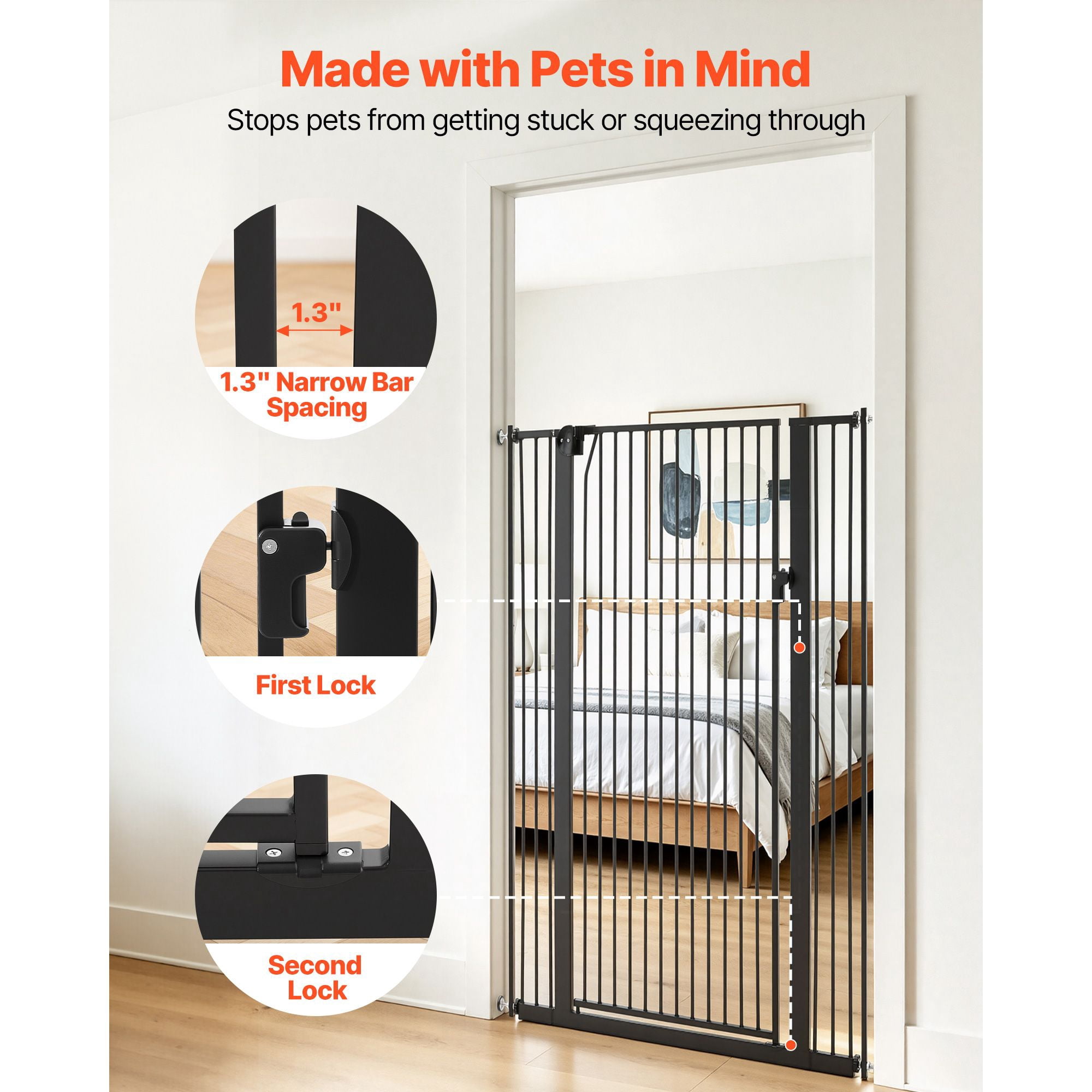 Extra Tall Pet Gate for Cats, 29-41 in Adjustable Width, 56 in High Dog Gate, with Pressure Mount Kit and Wall Mount Kit, 1.3 in Narrow Bar Spacing, for Stairs, Doorways, and House, Black
