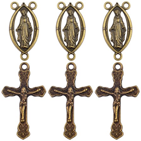 40pcs  Antique Bronze Tibetan Alloy Rosary Cross and Center Mary Miraculous Medal Jesus Crucifix Cross Charms and Oval Chandelier Links for Catholic Rosary DIY Jewelry Making