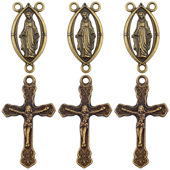 40pcs  Antique Bronze Tibetan Alloy Rosary Cross and Center Mary Miraculous Medal Jesus Crucifix Cross Charms and Oval Chandelier Links for Catholic Rosary DIY Jewelry Making