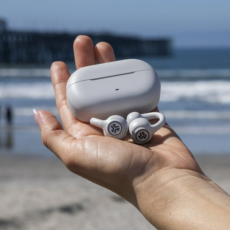 JLab Flex Open Earbuds, White, Open-Ear Clip Design, 21+ Hr
