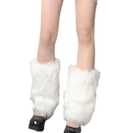 

HESITONE Lolita White Faux Fur Leg Warmers Women Furry Fuzzy Plush Boot Cuffs Cover Socks