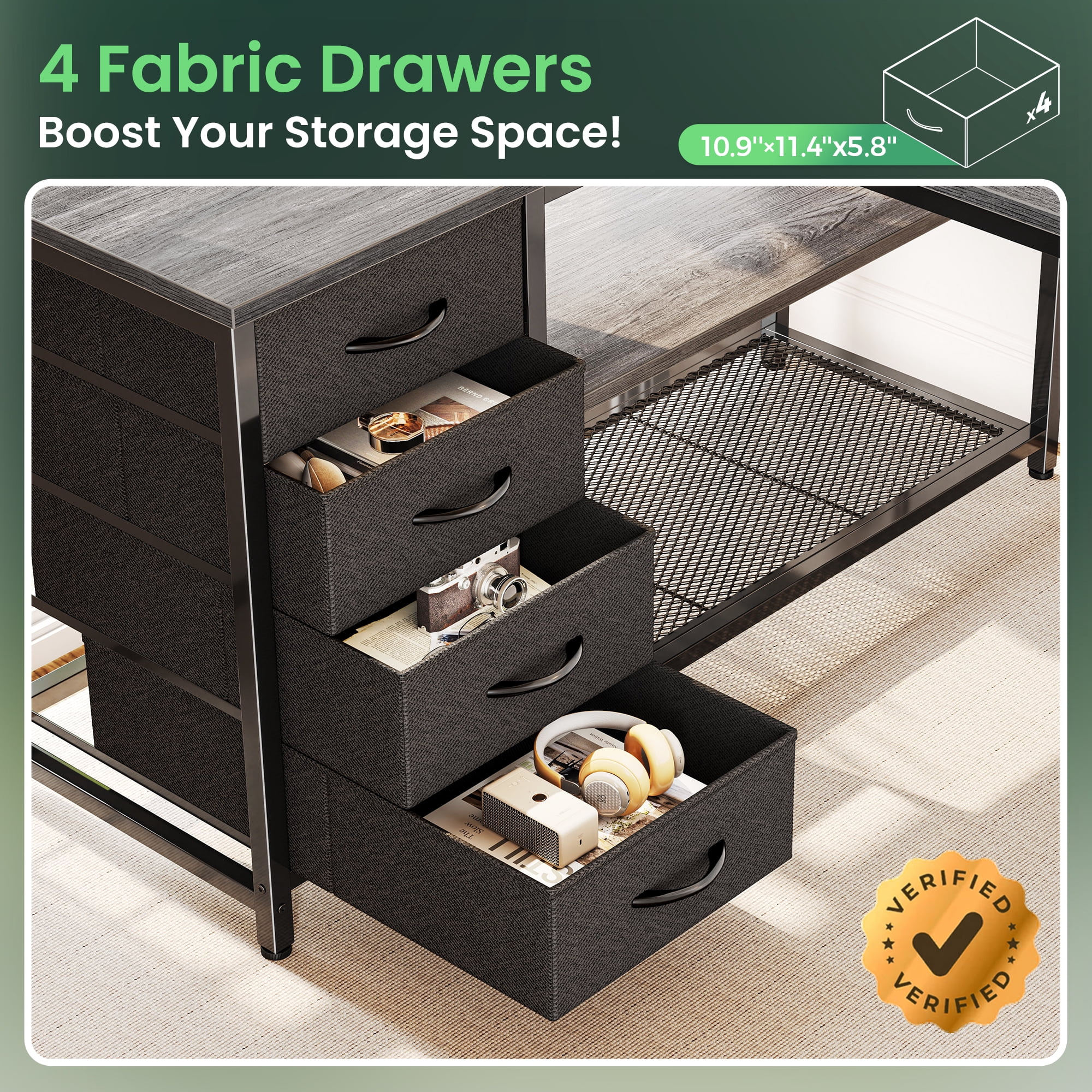 Amadwell 43 Inch L Shaped Desk with Power Outlets & Drawers, Reversible L-Shape Computer Desk