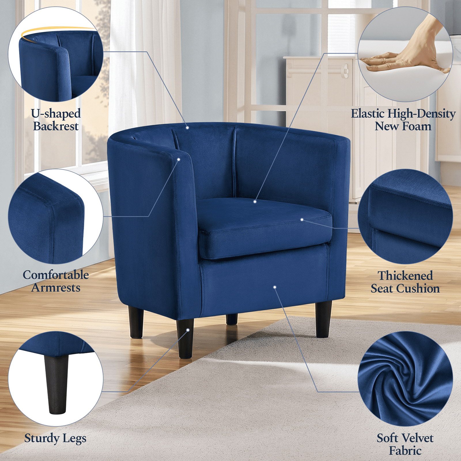 Renwick Upholstered Barrel Shaped Accent Chair with Curved Backrest for Livingroom, Blue Velvet