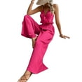thumbnail image 3 of Women'S 2 Piece Outfits Sleeveless Tie Front Crop Top Wide Leg Pants Set Rose Red S, 3 of 7