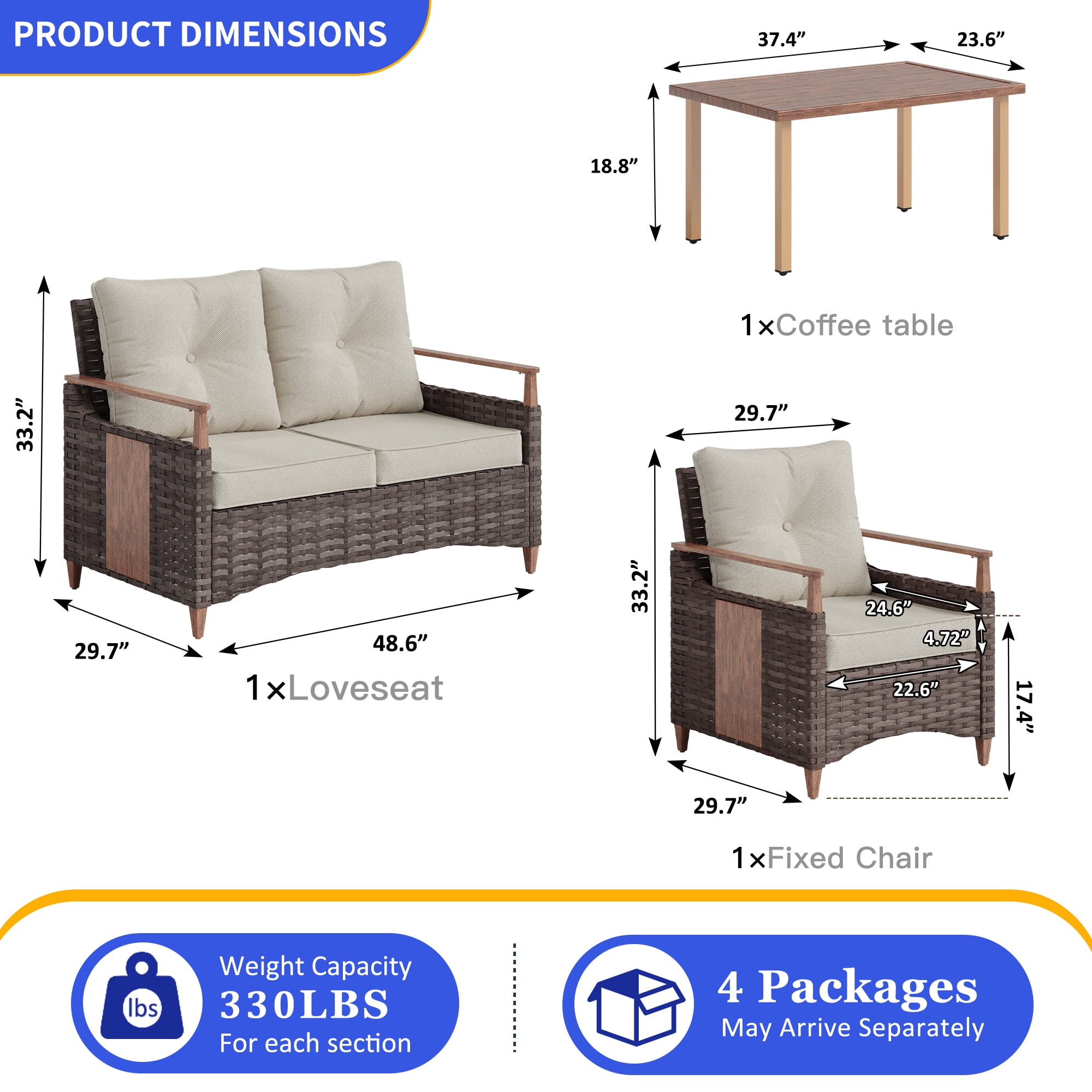NestNook 4-Piece Wicker Patio Furniture Set, 4-Seat Conversation Set with Loveseat, 2 Fixed Chairs, Table, 330lb Weight Capacity, Waterproof Cushions