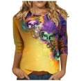 thumbnail image 2 of Cavosen Mardi Gras 3/4 Length Sleeve Womens Tops Dressy Carnival Shiny Mask Graphic Print Blouse Crewneck Party Holiday Tops Casual Stylish Festival Shirts Party Funny Tees Purple L, 2 of 5