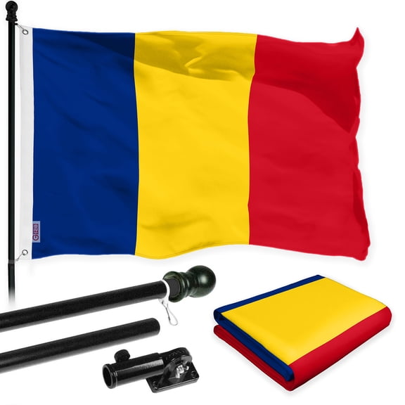 G128 Combo Pack: 6 Ft Tangle Free Spinning Flagpole (Black) & Romania Flag 3x5 Ft Printed 150D Polyester, Brass Grommets (Flag Included) Aluminum Flag Pole