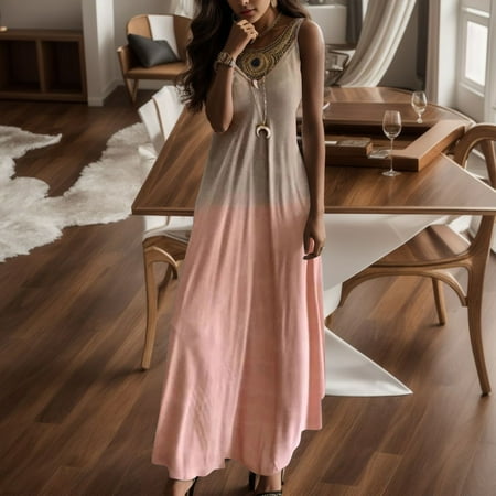 Dresses for Women 2024 Casual Spring Clearance Spring Sundress Casual V Neck Sleeveless Print Maxi Tank Dresses Loose Casual 2024 Dress Deals Pink L
