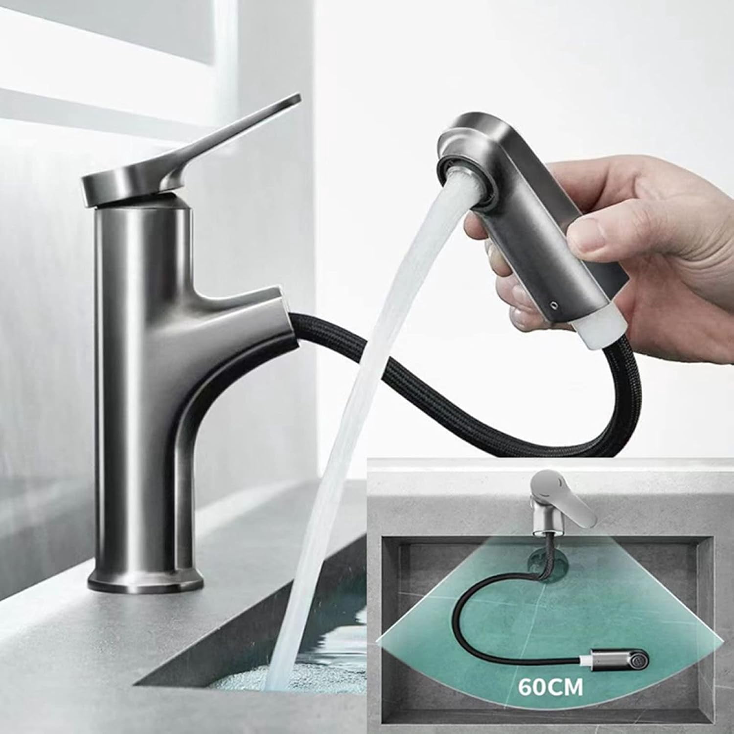 Bathroom Faucet with Pull Out Sprayer,360° Swivel Spout Bathroom Sink Faucet,Bathroom Faucet Single Hole,Single Handle Basin Mixer Tap for Hot and Cold Water,Black