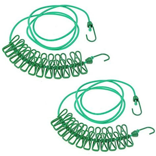 2 cordes à linge avec 12 pinces à linge Clips Portables Extensibles Rétractables Allonge à linge pour le camping, le voyage Utilisation en extérieur et intérieur Vert