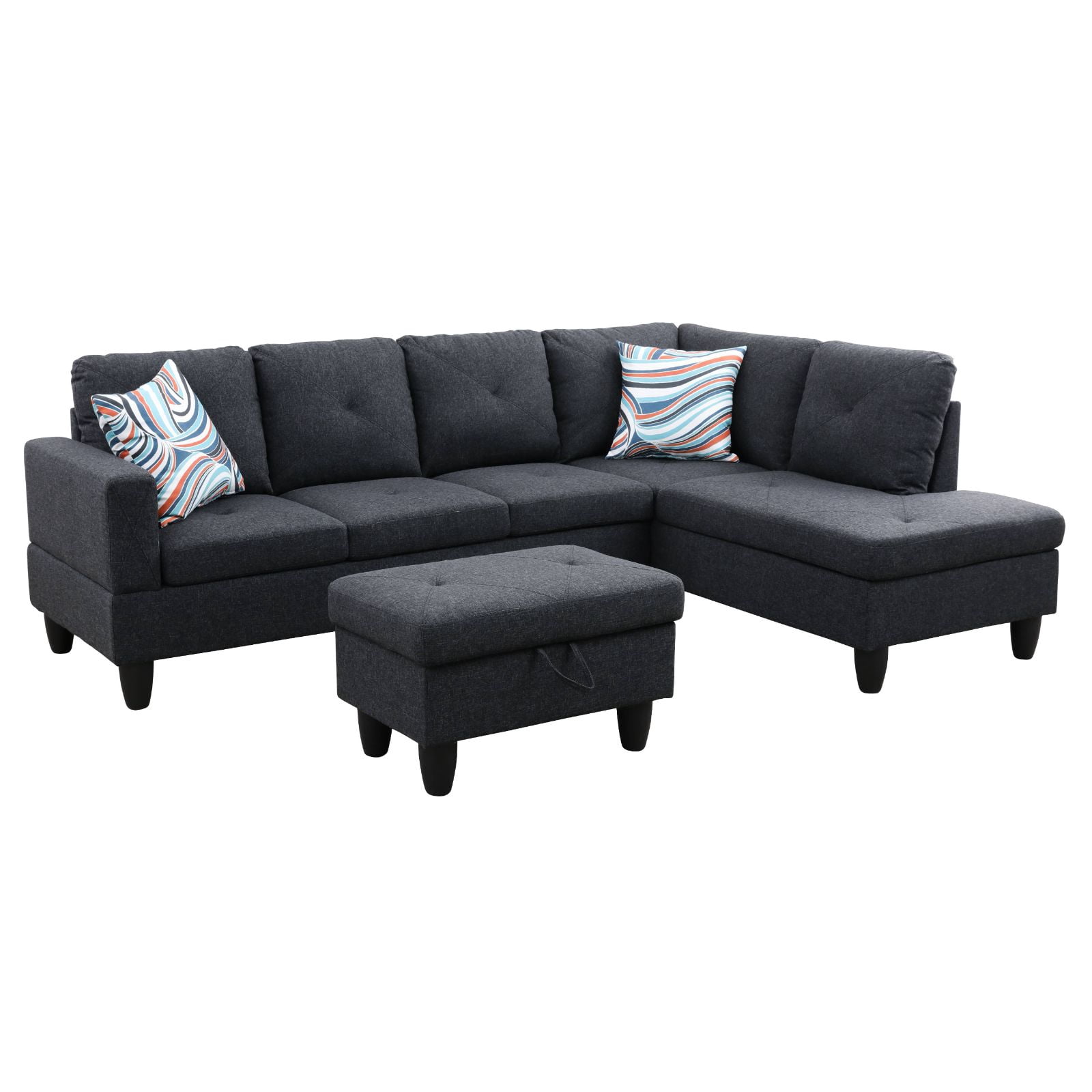 97" L Shape Sofa Couches, Sectional Couch with Storage Ottoman,Modular Sofa with Chaise for Living Room, Apartment, Dark Grey
