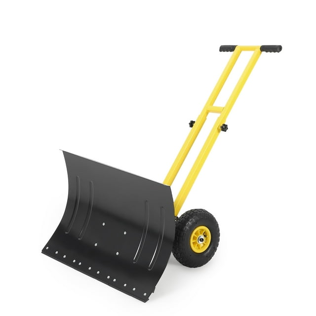 Pelle à Neige de 29 Pouces avec Roues, Pelle Pousse-Neige en Métal pour Entrée et Trottoir, Pousse-Neige avec Angle et Hauteur Réglables à 5 Positions