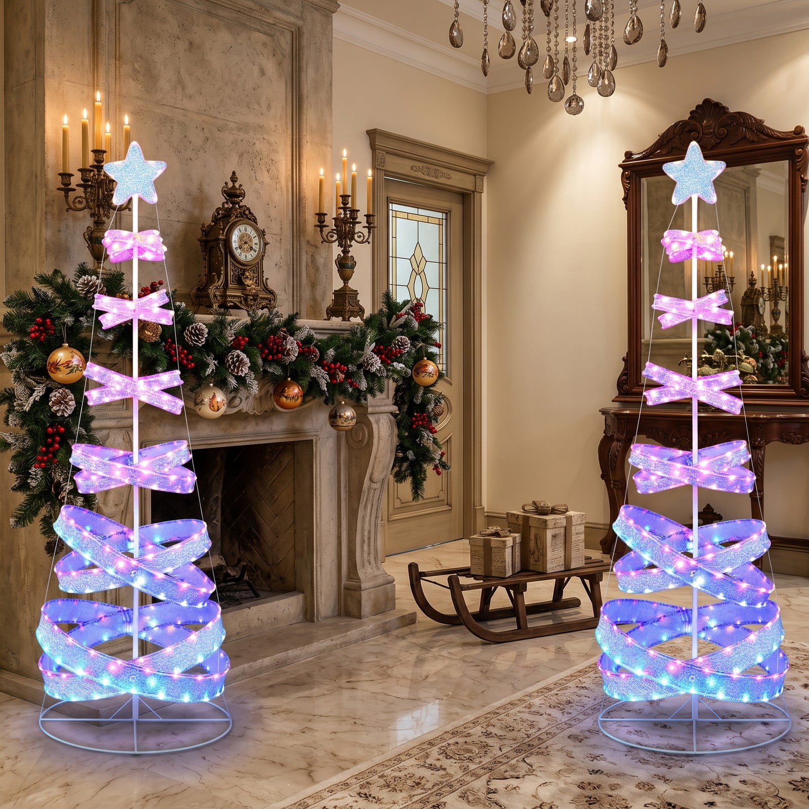 RUIE 7 FT Outdoor Spiral Christmas Tree with 341 LED Lights, 34 Lighting Modes Collapsible Metal Xmas Tree for Yard Party Holiday Decoration, White