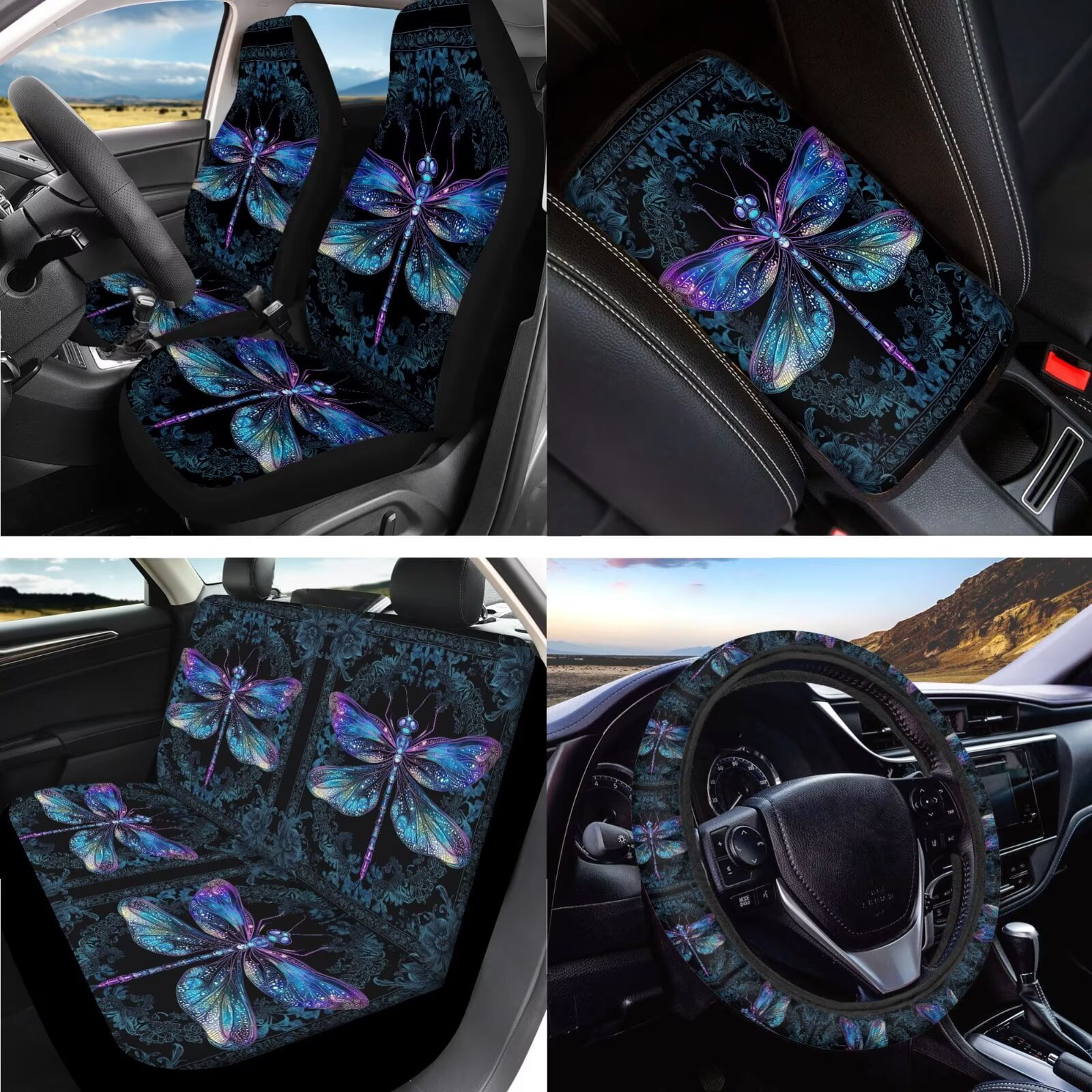 LedBack Boho Dragonfly Printed Car Seat Covers Full Set Steering Wheel Cover Seat Belt Cover Armrest Pad Cup Mat Keychain Head Rest Covers for Car, Rear Front Seat Protector Car Accessories Set