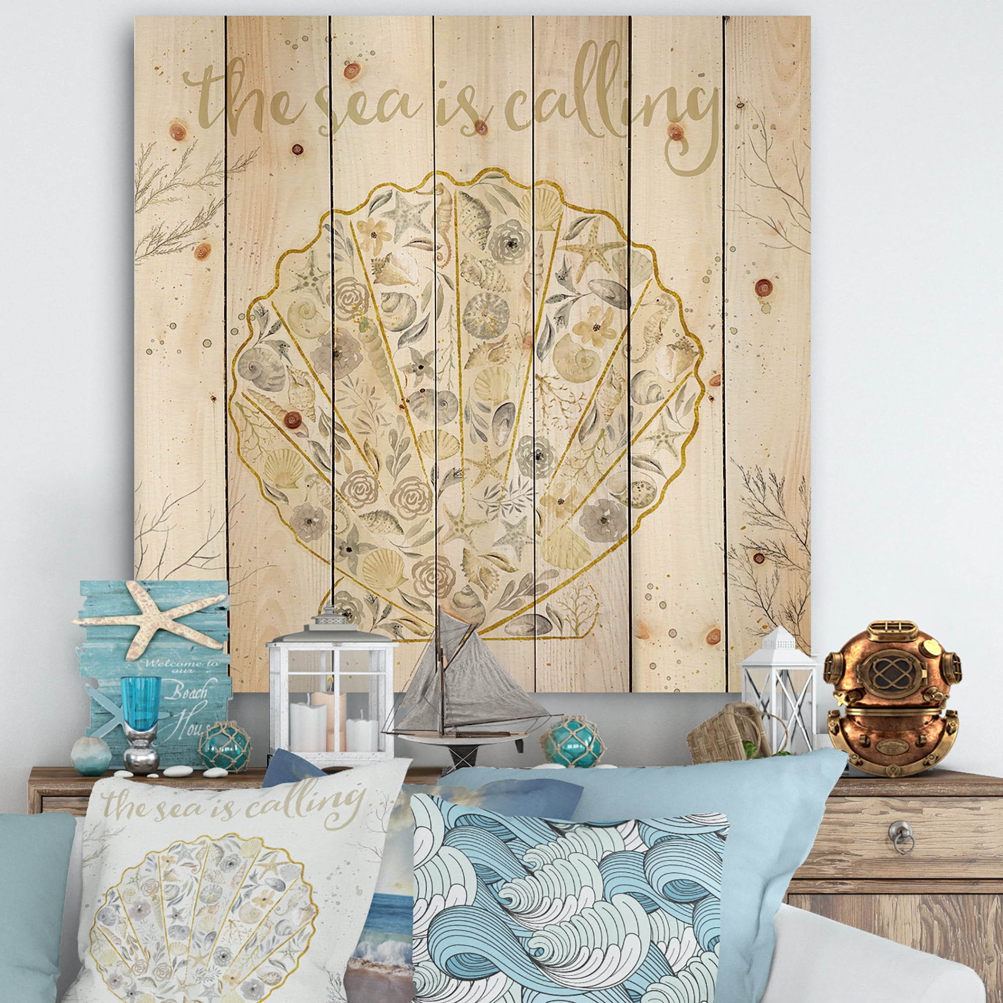Designart 'Coastal Floral Blossoms I Neutral' Nautical & Coastal Print on Natural Pine Wood