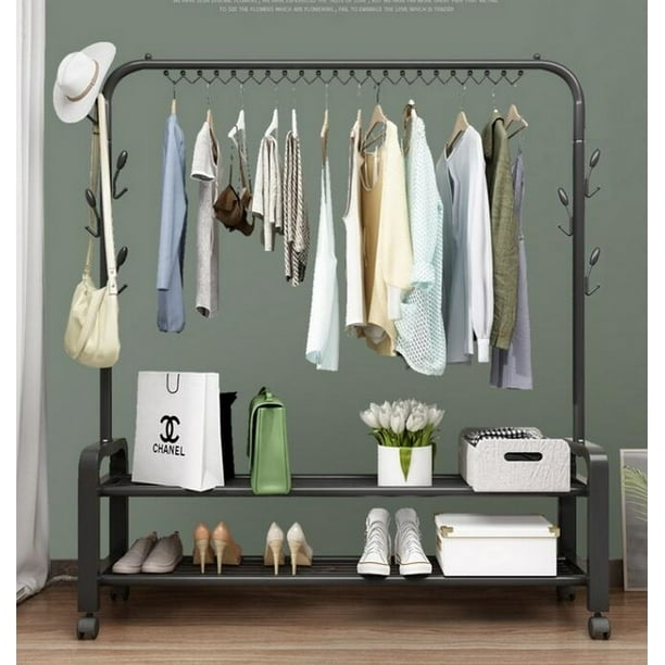 Garment Rack Free Standing Clothes Rack With Top Rod Two Lower Storage Racks Perfect For Shoes And 6 Hooks Black Walmart Com Walmart Com